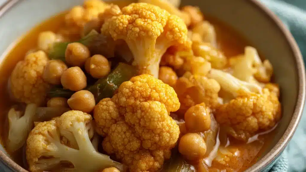 Bowl of cauliflower and chickpea curry in a flavorful orange sauce with fresh spices served in a brown ceramic kitchenware