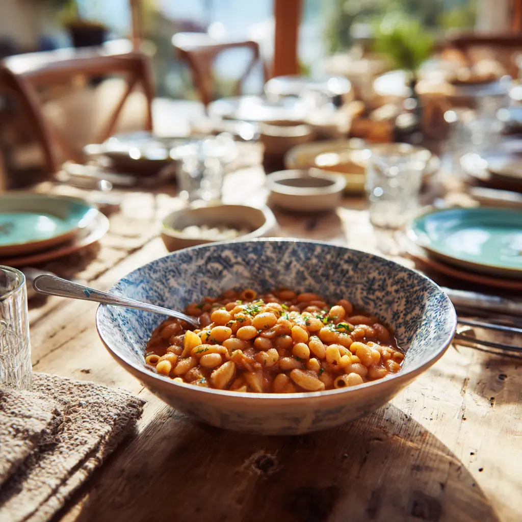 Bowl of pasta e fagioli in a Sherwin Williams Indigo Batik patterned bowl on a sunlit wooden table with rustic charm