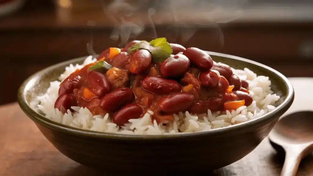 Bowl of red kidney bean gumbo served with white rice and parsley, steam rising from the dish