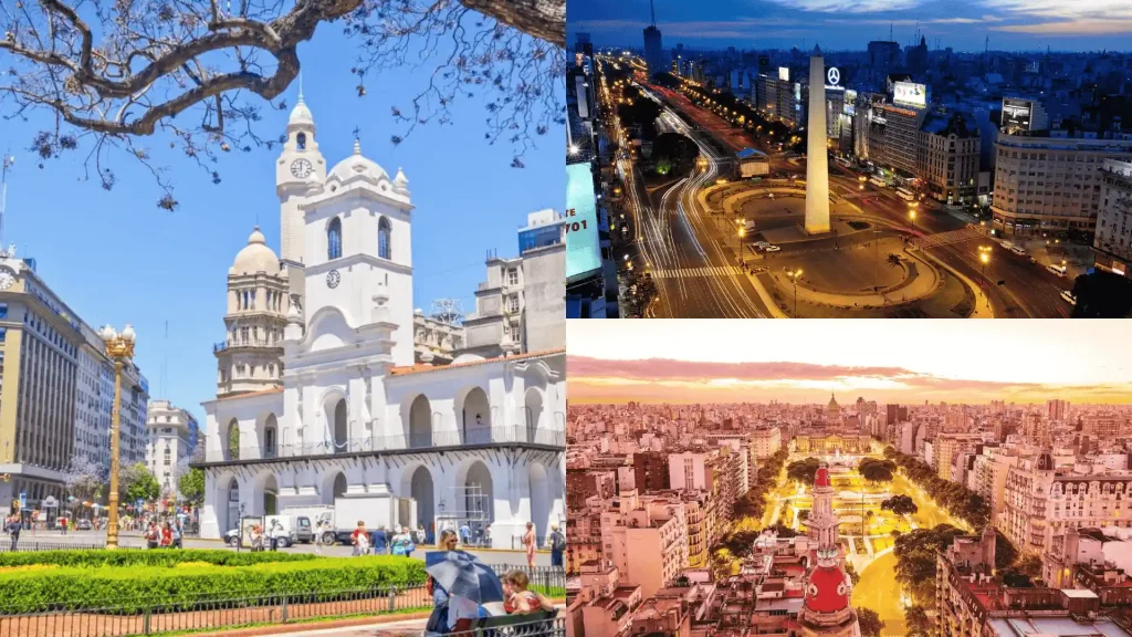 Buenos Aires landmarks, cathedral, Obelisk at night, and city skyline glowing at sunset