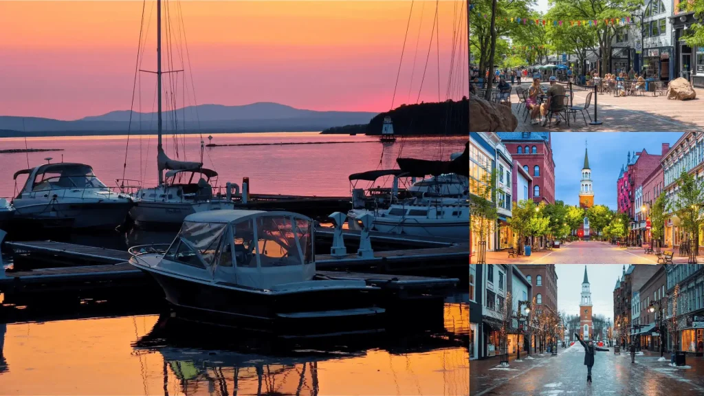 Burlington harbor at sunset, boats on lake, lively streets, and charming downtown scenes
