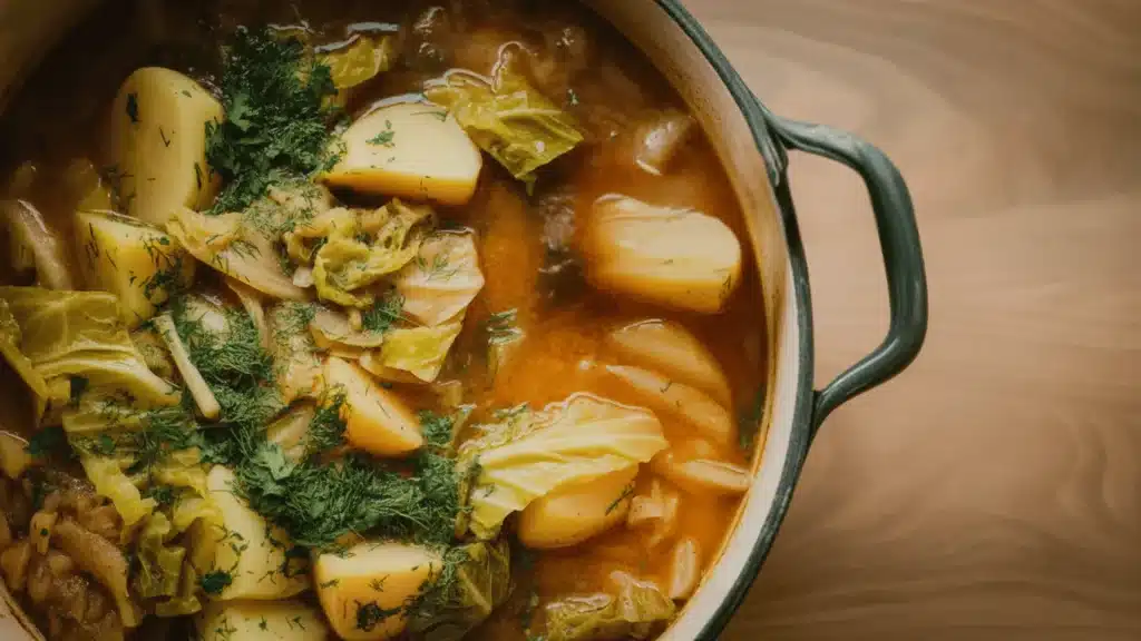 Cabbage and potato stew simmering in a pot with herbs, wooden spoon stirring rich broth