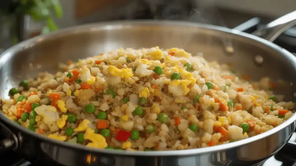 Cauliflower fried rice cooking in a pan with eggs, peas, and vegetables, lightly steaming