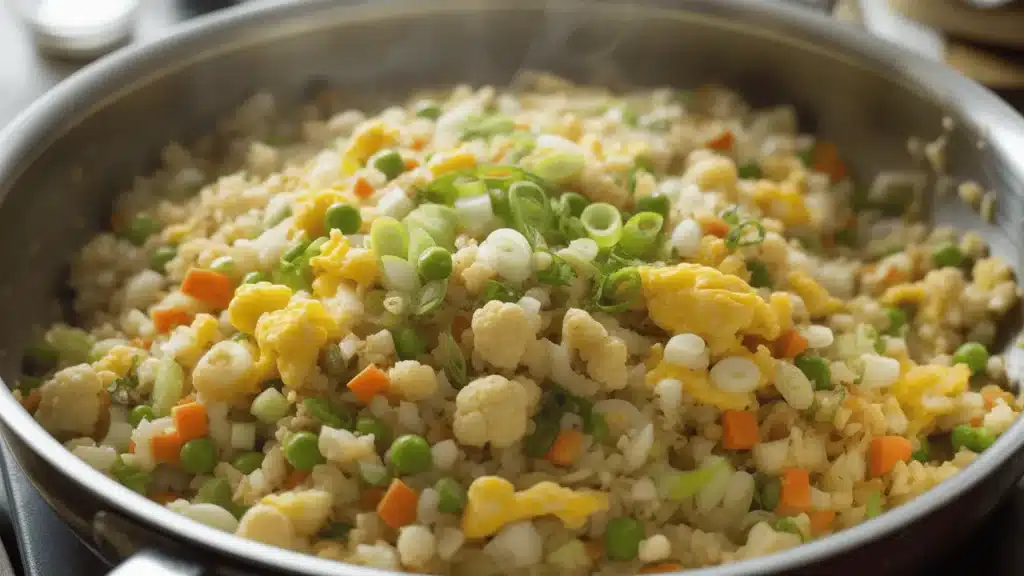 Cauliflower fried rice in a pan with eggs, peas, carrots, and fresh green onion garnish