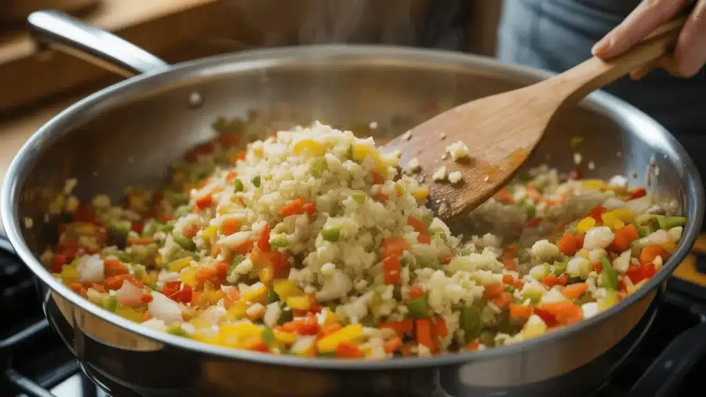 Cauliflower rice mixed with colorful vegetables in a pan, stirred with a wooden spatula