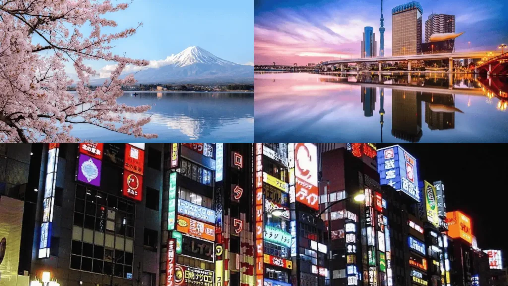 Cherry blossoms by Mount Fuji, Tokyo skyline at sunset, and neon-lit city streets at night