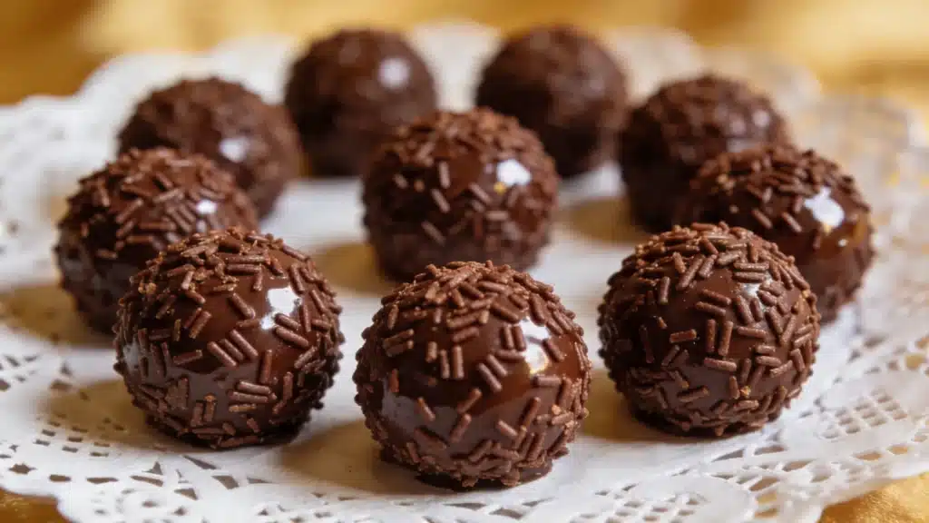 Chocolate-covered eggs elegantly placed on a white doily, creating a visually appealing dessert arrangement.