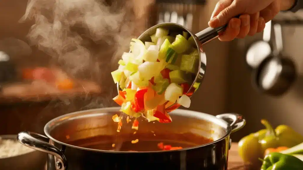 Chopped onion, celery, and bell pepper being added into a pot of simmering gumbo base