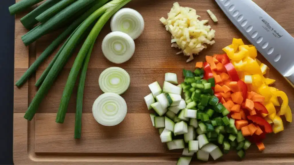 Chopped vegetables and green onions arranged on a wooden board with a sharp kitchen knife