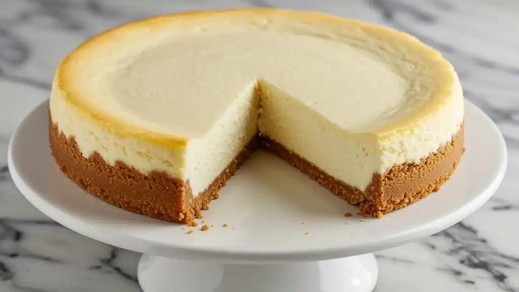 Classic New York cheesecake with a graham cracker crust, displayed on a white cake stand with a slice removed.