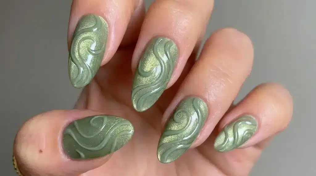 Close-up of a hand displaying almond-shaped nails painted with shimmery sage green polish featuring raised, swirling 3D nail art