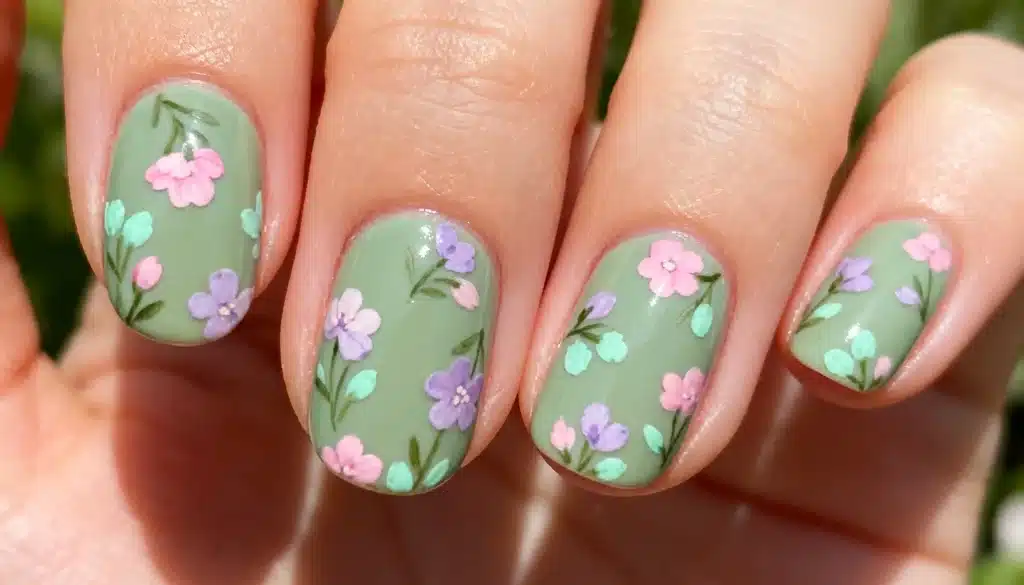 Close-up of four fingernails painted with delicate pink and purple floral designs over a glossy sage green base coat