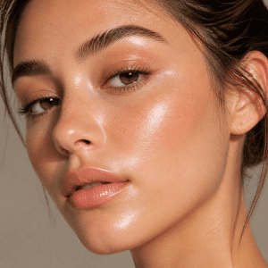Close-up of glowing dewy skin with natural makeup, soft highlight, and fresh hydrated finish