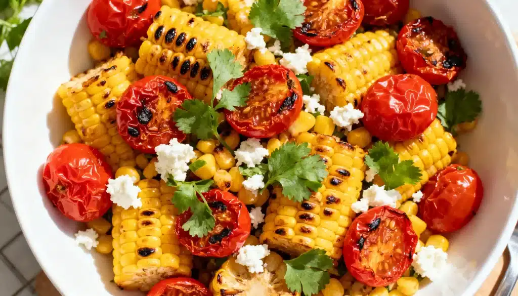 Close-up of grilled corn on the cob pieces mixed with charred cherry tomatoes, crumbled white cheese, and fresh cilantro leaves in a white bowl.