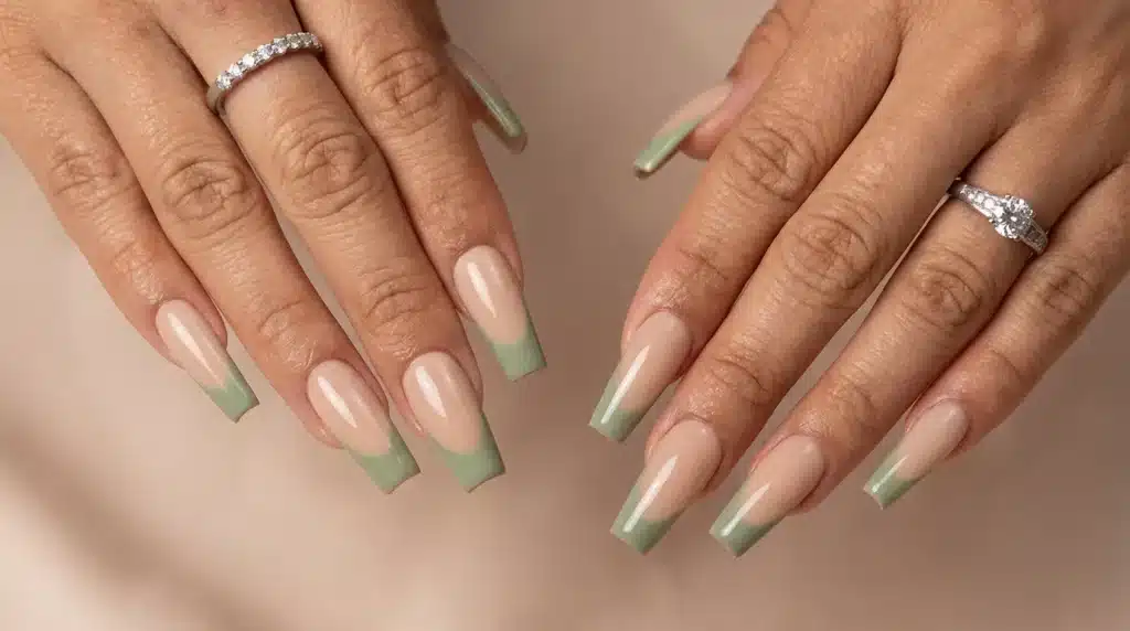 Close-up of hands displaying long, coffin-shaped acrylic nails with a nude base and sage green French tips, adorned with diamond rings