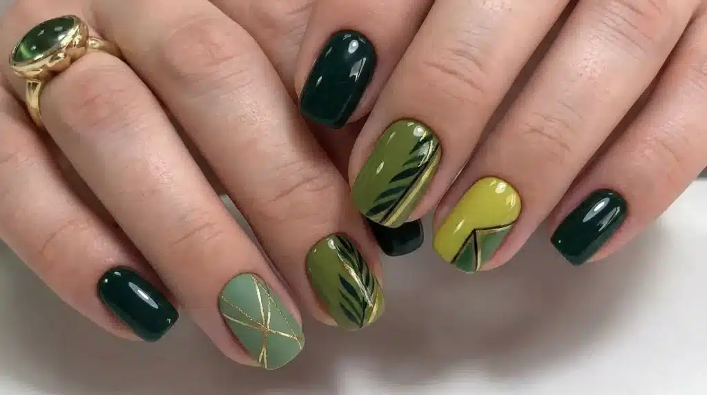 Close-up of hands showcasing short, square nails painted in alternating solid dark green, olive green, and sage green with gold accent details like abstract lines and leaf patterns