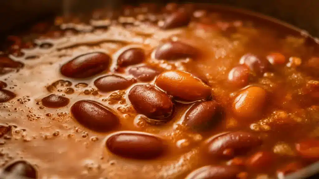 Close-up of kidney beans simmering in rich broth with visible oil and gentle bubbling surface