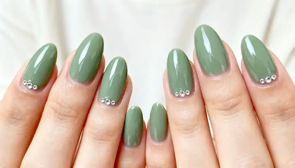 Close-up of manicured hands showing round-shaped nails painted sage green and decorated with clear and iridescent rhinestones near the cuticle