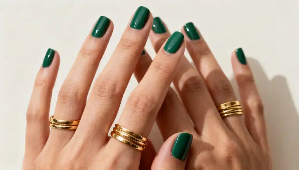 Close-up of manicured hands with glossy olive green nail polish and stacked gold rings against a dark background