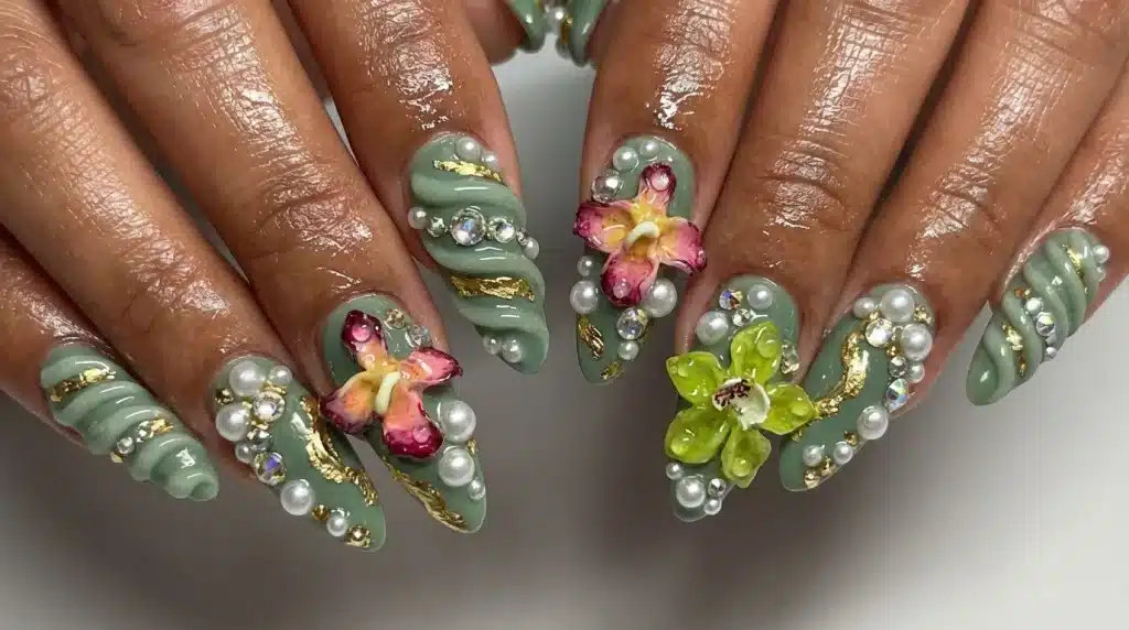 Close-up of manicured nails featuring sage green polish, 3D floral accents, pearls, rhinestones, and gold foil details
