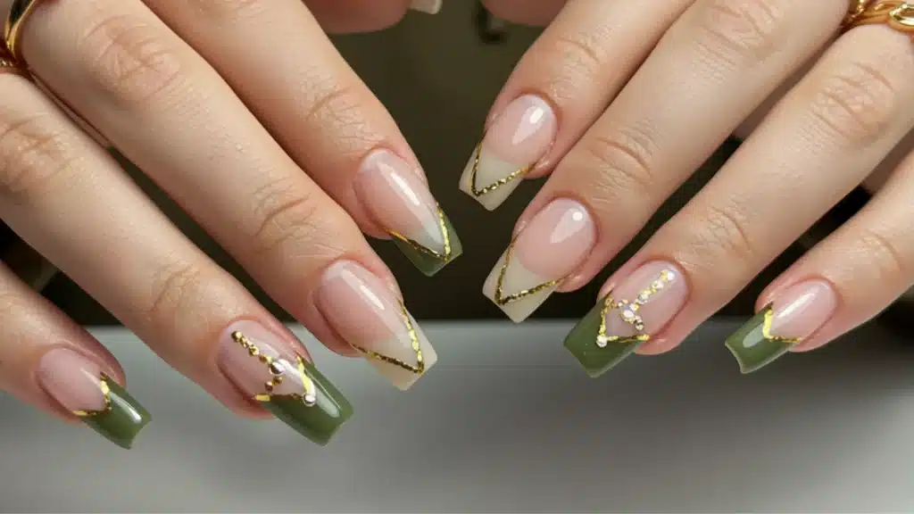 Close-up of manicured square nails featuring a nude pink base, olive green tips, and gold line accents, with some nails embellished with rhinestones