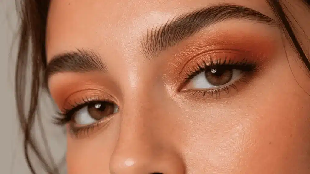 Close-up of sunset eye makeup with warm amber and rust tones, softly blended and natural finish