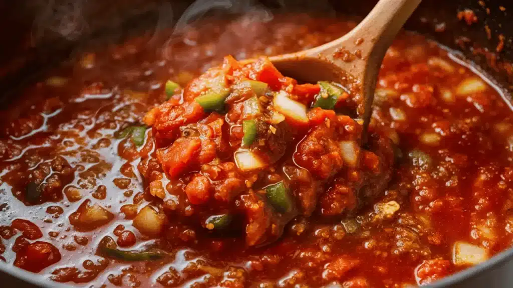 Close-up of thick gumbo with tomatoes and vegetables being lifted with a wooden spoon