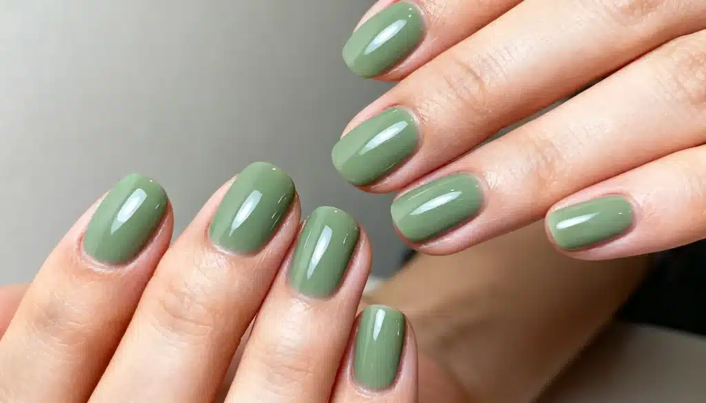 Close-up of two hands displaying oval-shaped nails painted with glossy, muted sage green polish against a light, soft-focus background