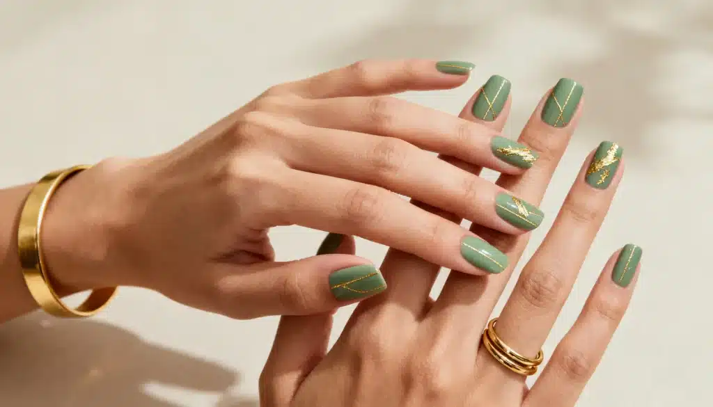 Close-up of two hands with sage green nails featuring gold line and foil art, accessorized with a wide gold cuff and a stacked gold ring
