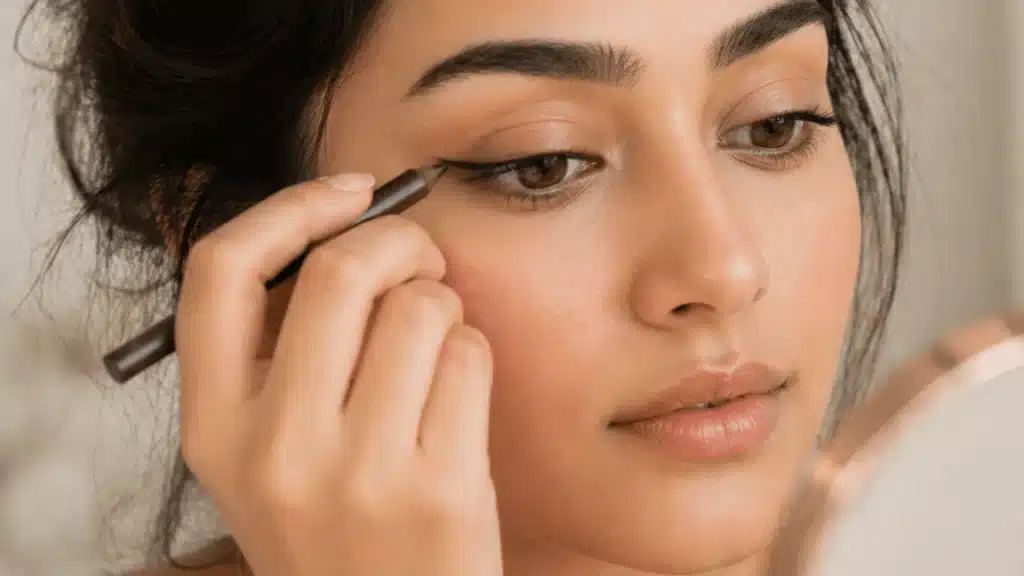 Close-up of woman applying eyeliner pencil with soft eyeshadow and natural makeup finish