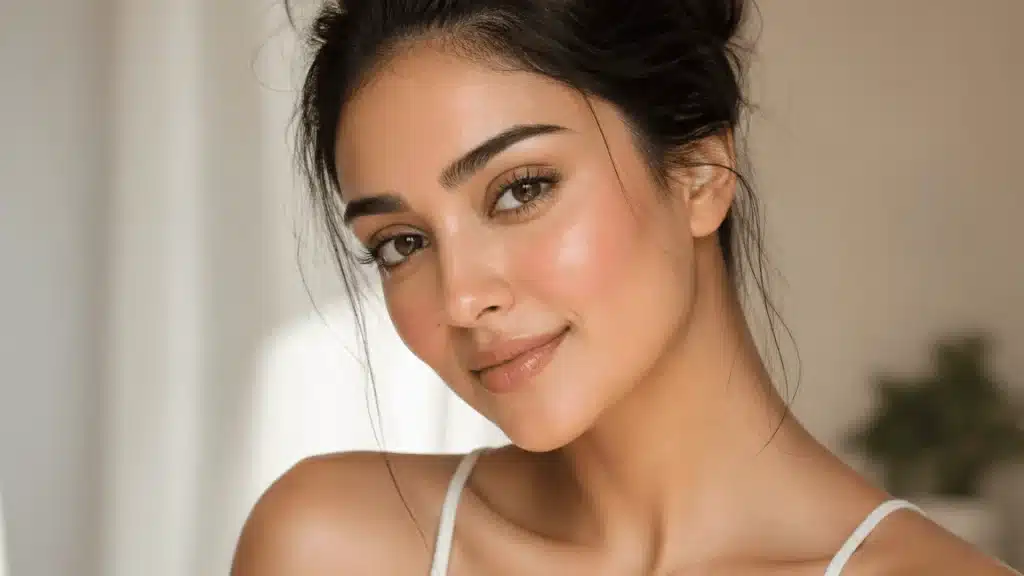 Close-up of woman with glowing skin, soft blush, and minimal natural everyday makeup look