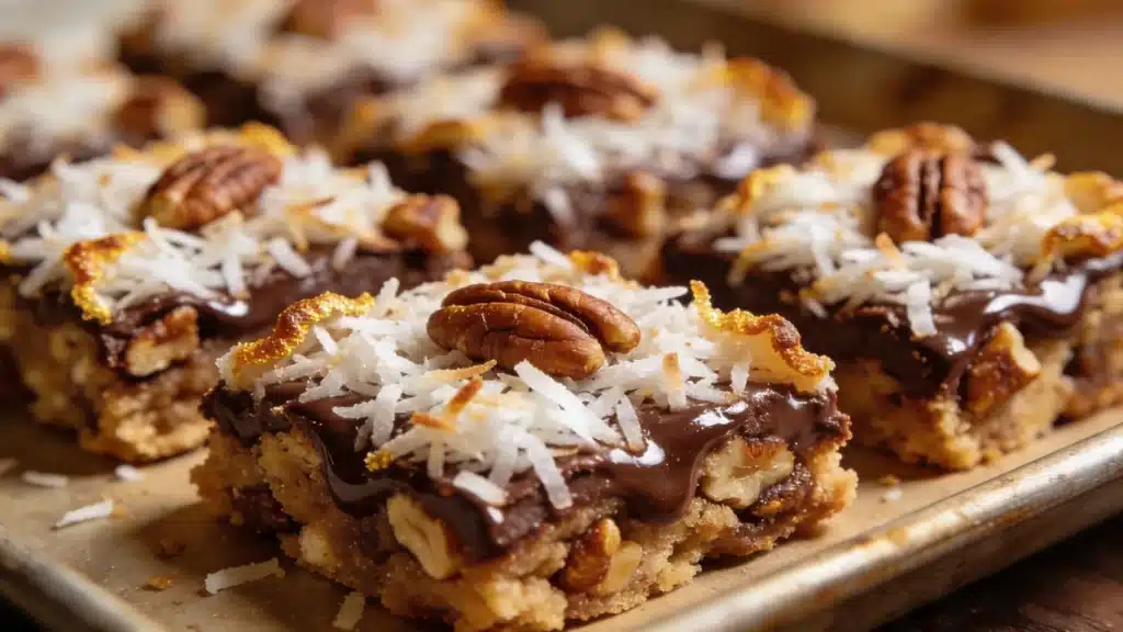 Coconut bars topped with chocolate and pecans, arranged neatly on a white plate.
