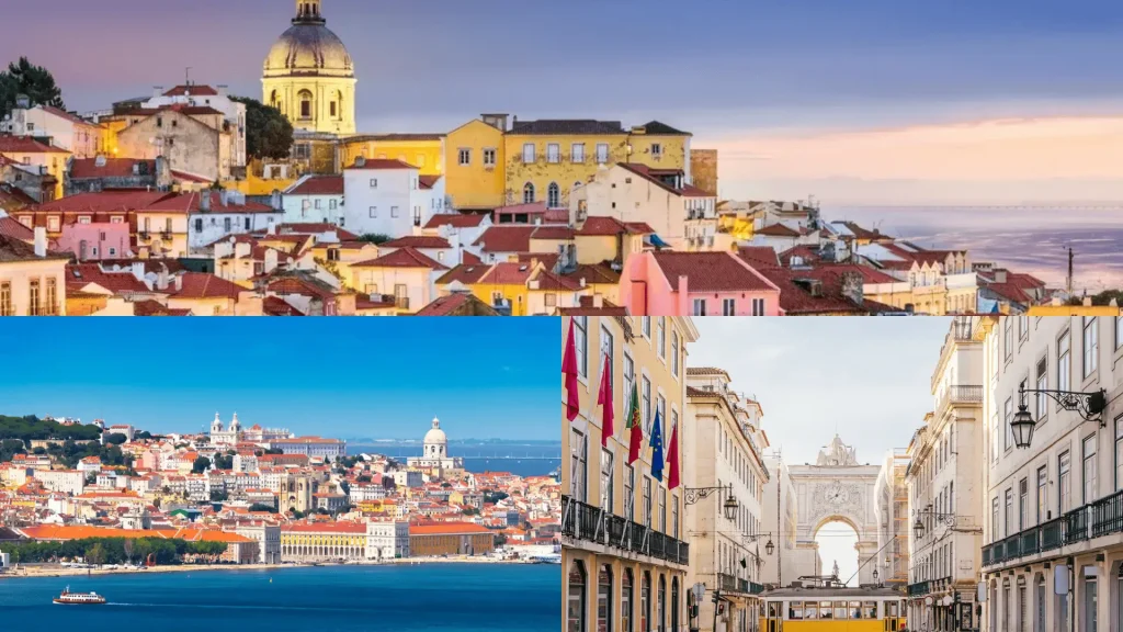 Colorful Lisbon rooftops, coastal city view, and tram street with arch landmark in Portugal