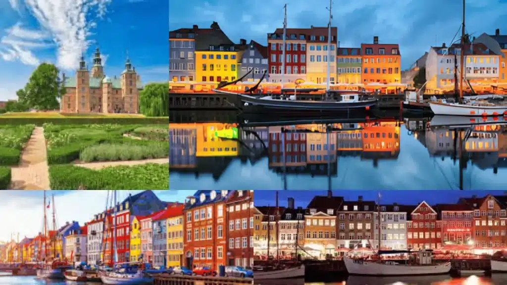 Copenhagen castle gardens, Nyhavn harbor, colorful houses, and waterfront at night