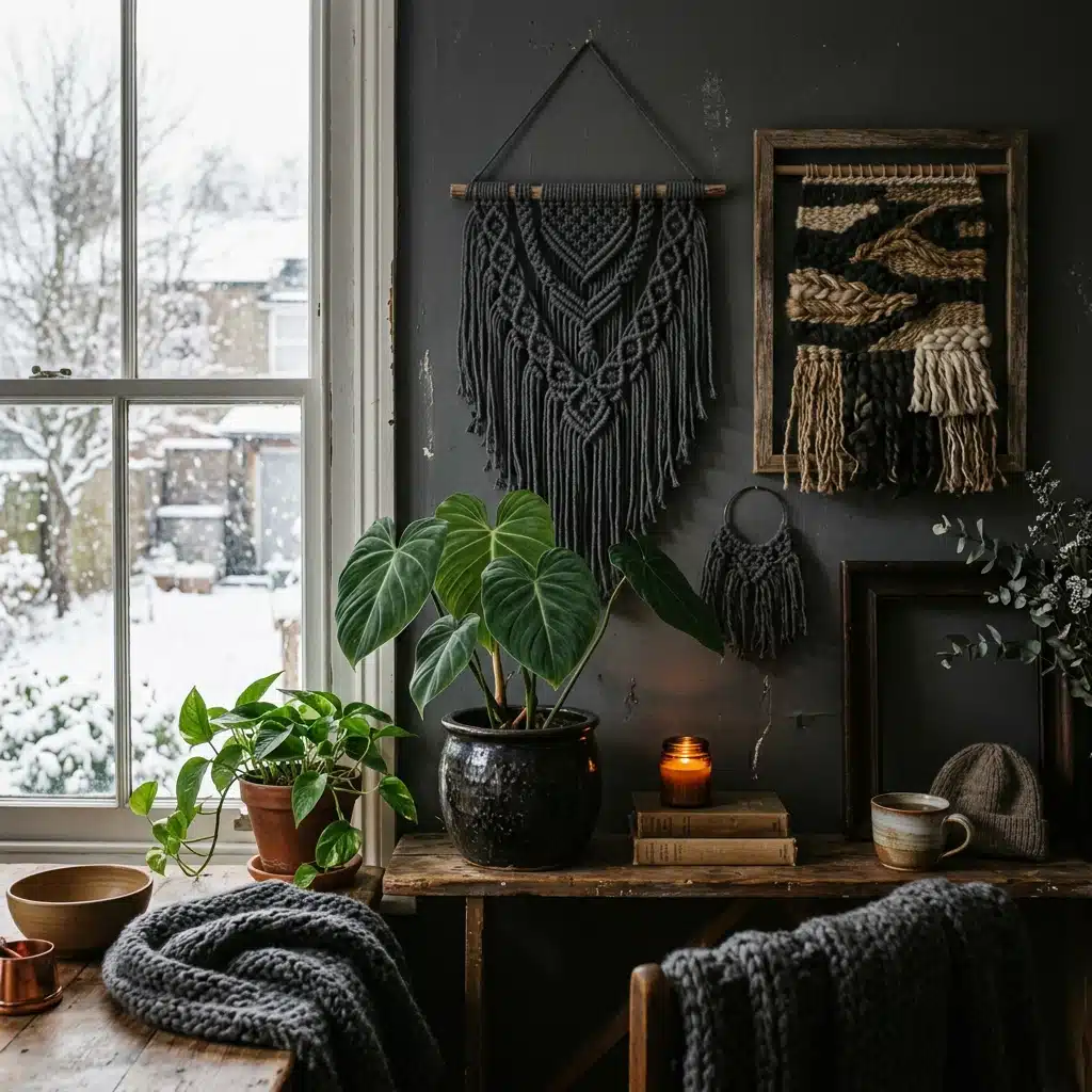Cozy indoor vignette with dark bohemian decor, large potted plants, and a snow-covered window view