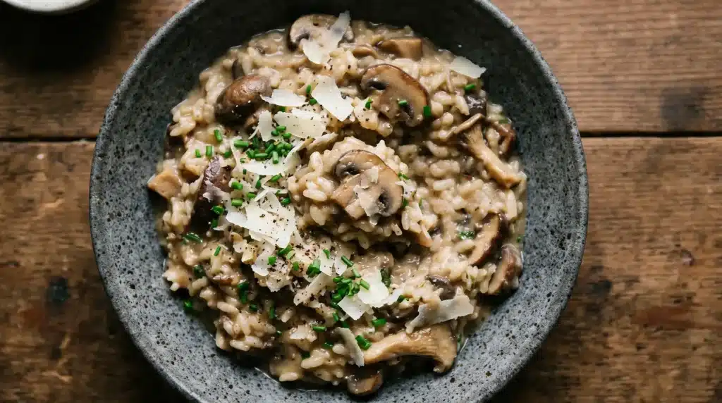 Creamy mushroom risotto topped with shaved Parmesan cheese and chopped chives served in a dark, textured bowl resting on a rustic wooden table