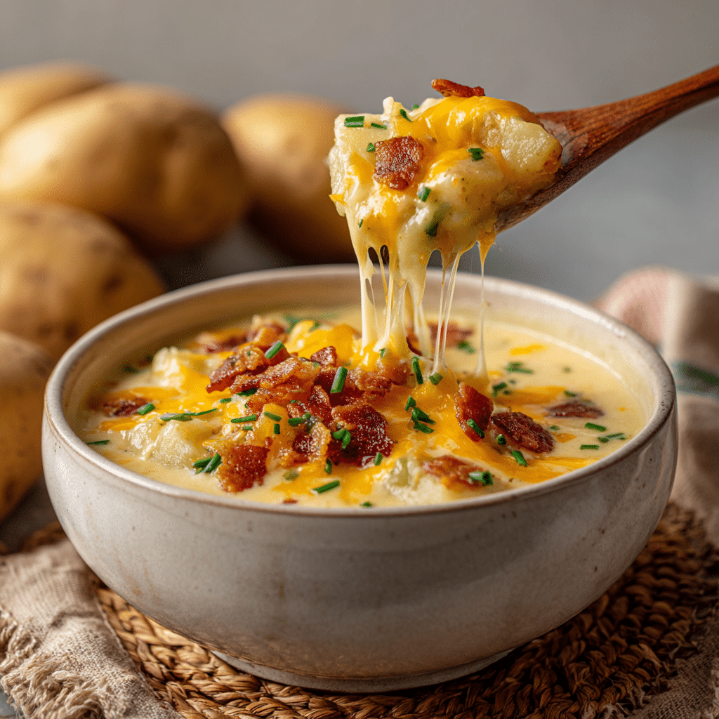 Creamy potato soup in a bowl topped with melted cheese crispy bacon and chives with a wooden spoon lifting a large scoop