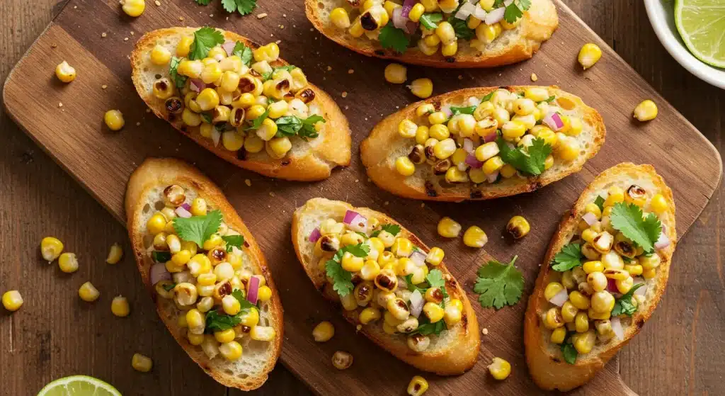 Five slices of grilled baguette topped with charred corn, diced red onion, and cilantro are arranged on a rustic wooden cutting board.