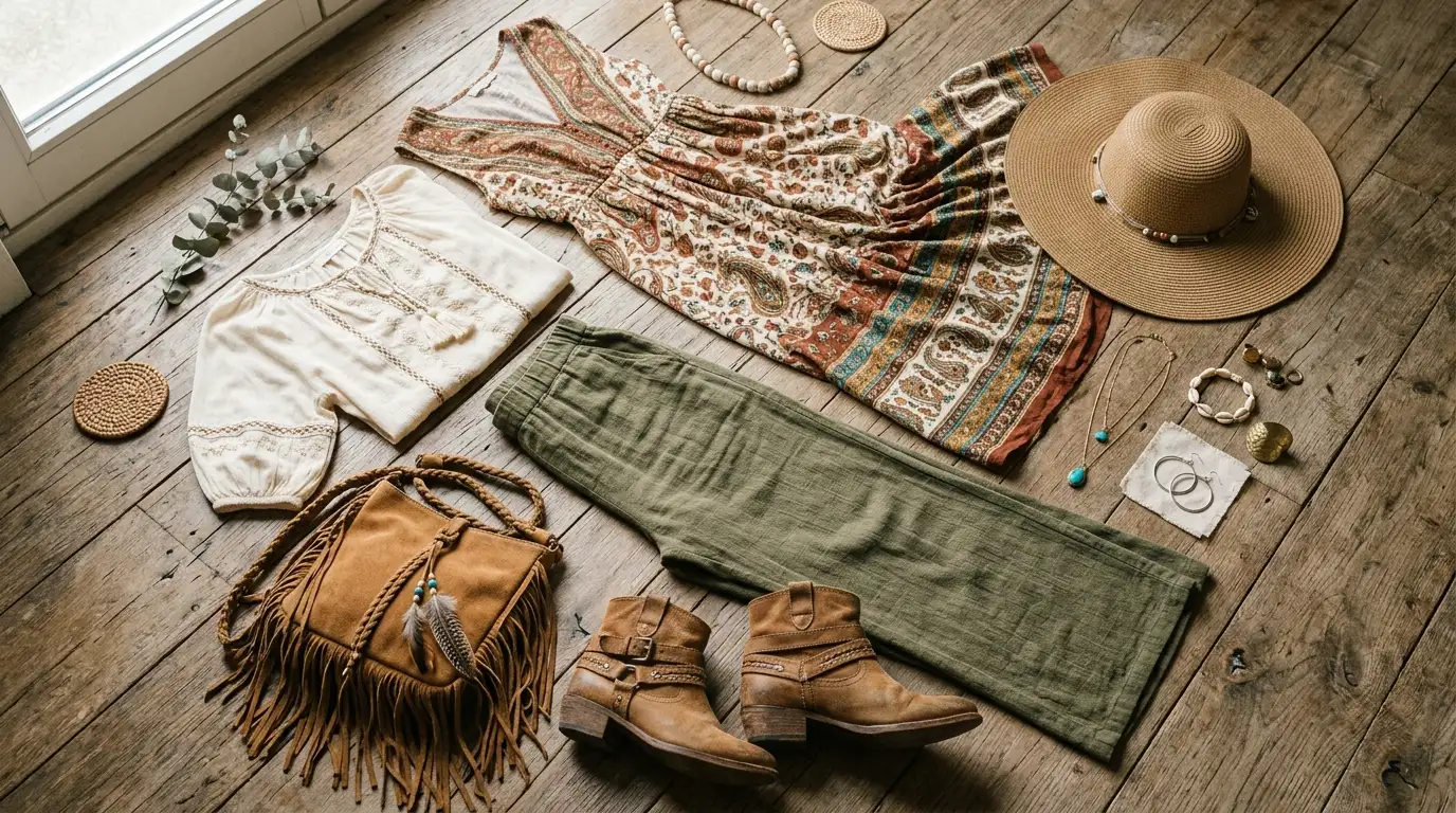 Flat lay of boho-style clothing and accessories, including a paisley dress, cream blouse, green pants, fringed suede bag, ankle boots, and straw hat on rustic wood