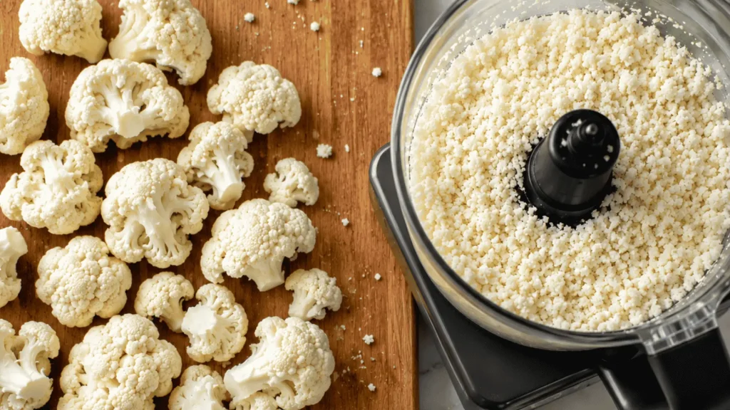 Fresh cauliflower florets and homemade cauliflower rice in a food processor on wooden board.