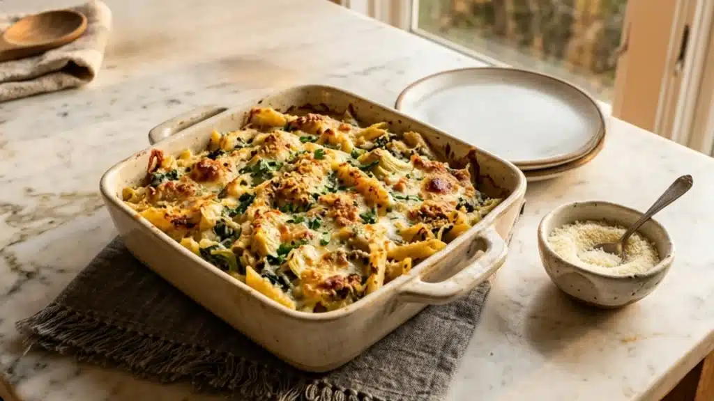 Freshly baked creamy baked pasta casserole with melted cheese and spinach sits on a marble countertop next to grated Parmesan cheese
