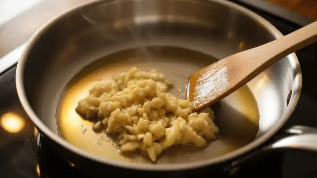 Garlic sautéing in oil in a pan with a wooden spatula, lightly golden and aromatic