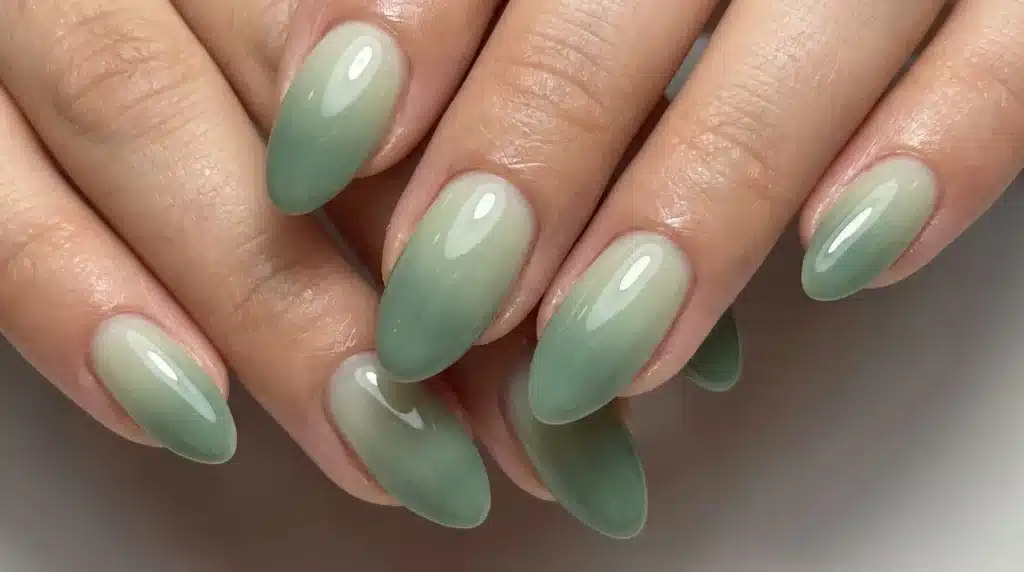 Glossy sage green airbrush ombre nails on almond-shaped tips with a soft gradient fade and natural skin tone backdrop