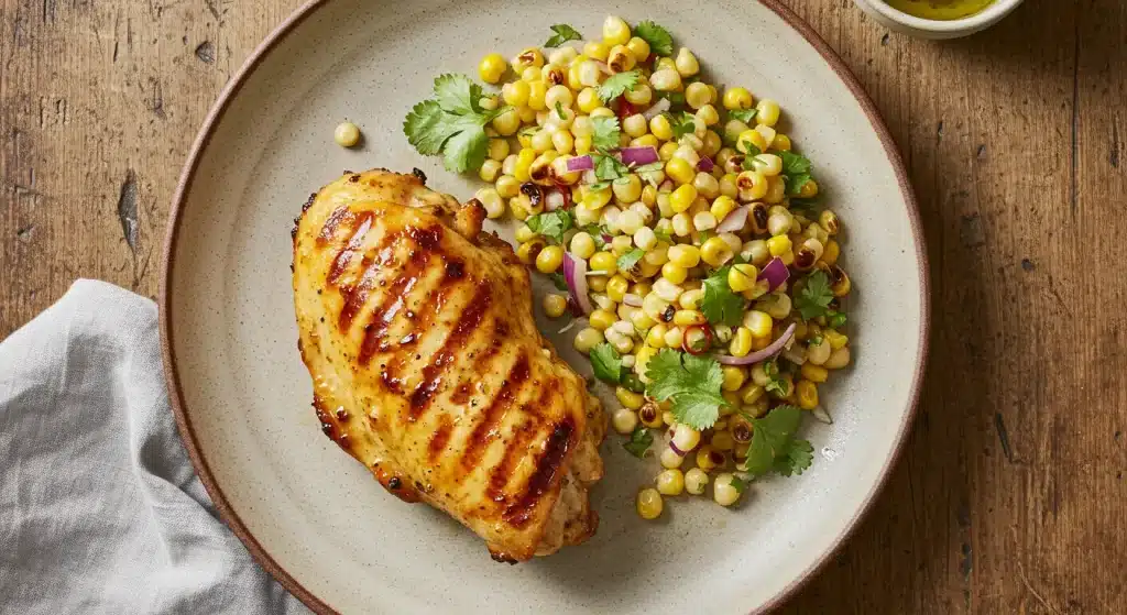 Grilled chicken breast served with charred corn salad featuring cilantro and red onion on a speckled ceramic plate.