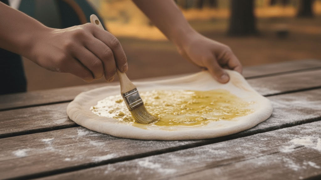 Hands brush olive oil on pizza dough on a flour-dusted wooden table outdoors. The scene conveys a calm, rustic preparation setting.