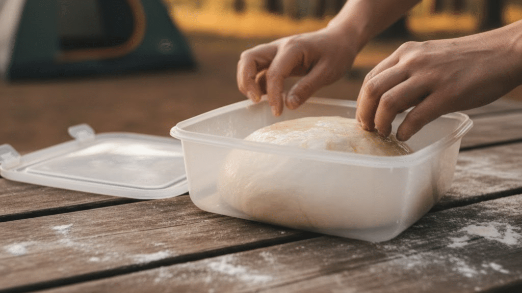 Hands carefully knead dough in a plastic container on a wooden table, with flour sprinkled around.
