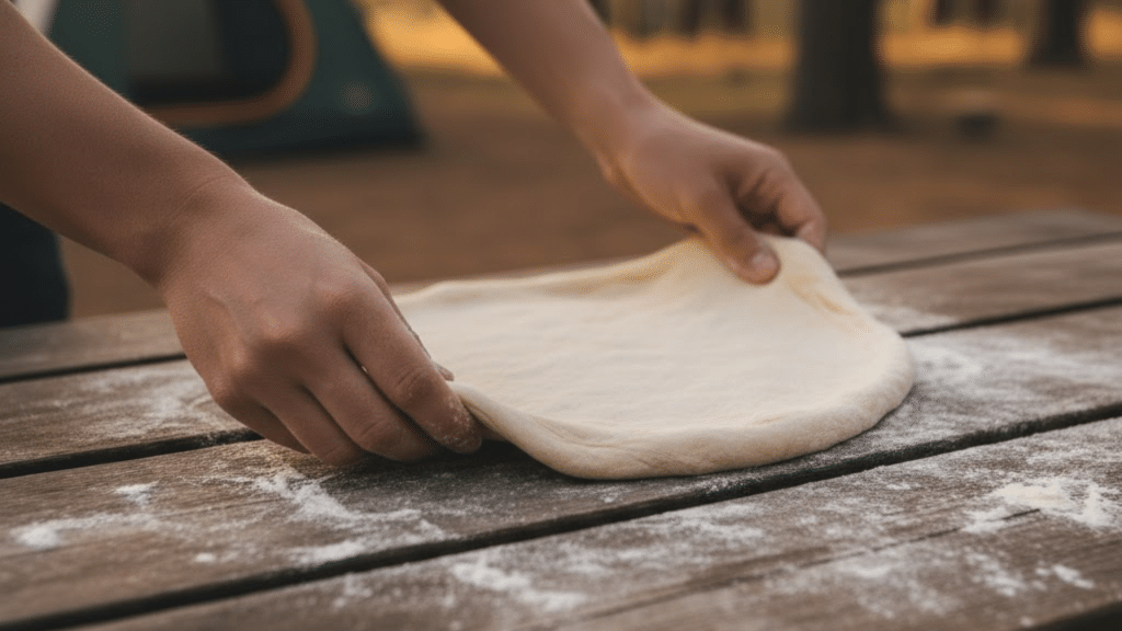 Hands stretch out pizza dough on a flour-dusted wooden table outdoors, preparing for baking amidst a natural and rustic setting.