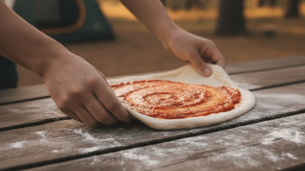 Hands stretching pizza dough with tomato sauce on a floured wooden table, set outdoors at a campsite, creating a laid-back, rustic atmosphere.