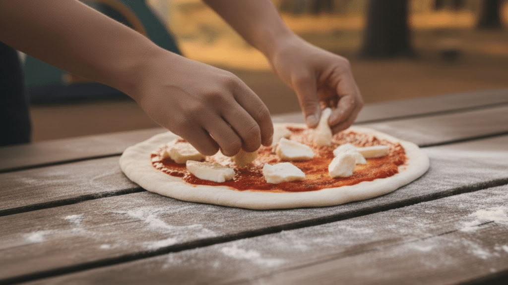 Hands topping a pizza dough with mozzarella chunks on a rustic wooden table outdoors. Sunlight filters through trees, creating a warm, inviting atmosphere.