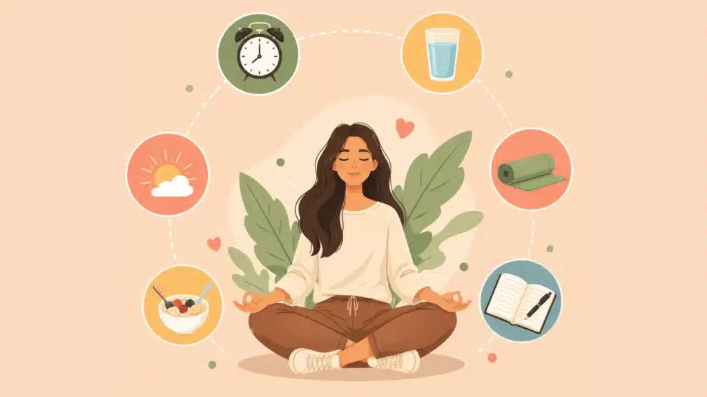 Illustration of a woman meditating with wellness icons like water, clock, yoga mat, and journal around her